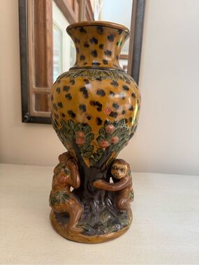 Decorative Ceramic Vase with Monkey Motif in Yellow and Brown